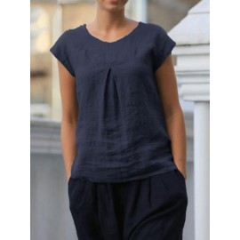 Short Sleeve Pleated Solid Color Casual T-shirt For Women
