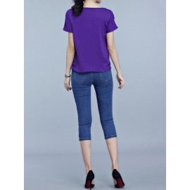 Casual Patchwork Short Sleeve Pile Collar T-shirt For Women