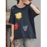 Cat Patch Embroidered Half Sleeve Distressed T-Shirt