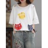 Cat Patch Embroidered Half Sleeve Distressed T-Shirt