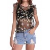 Sexy Floral Embroidered See-through O-neck Sleeveless Women T-shirt