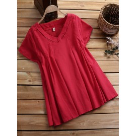 Solid Color Loose Pleated Short Sleeve O-neck Casual T-shirts