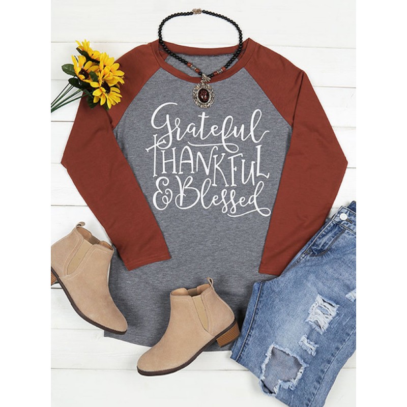 Printed Patchwork Letters Long Sleeve O-neck T-Shirts