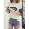 Denim Patchwork Printed Letters Short Sleeve Casual T-Shirts