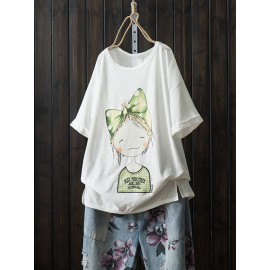 Cartoon Girl Print Embroidery Short Sleeve Casual Women T-shirt