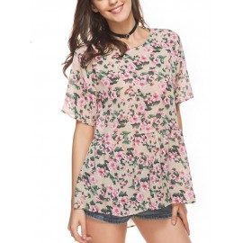 Casual Floral Print Pleated Short Sleeve O-neck Women T-shirt