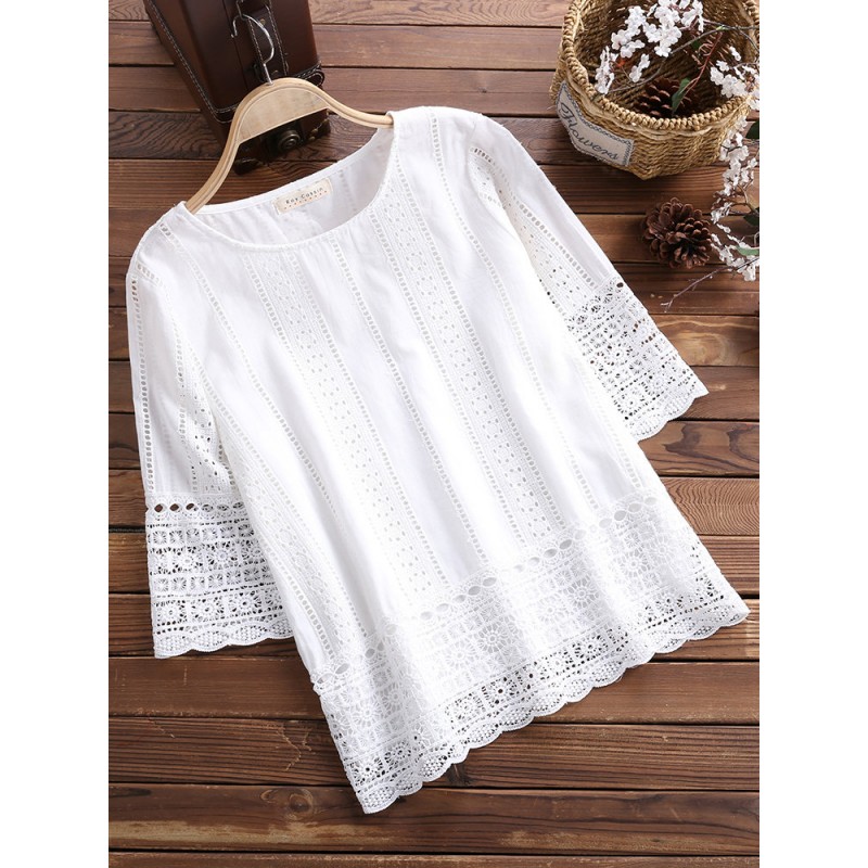 Lace Hollow Solid Color Half Sleeve Elegant Shirts
