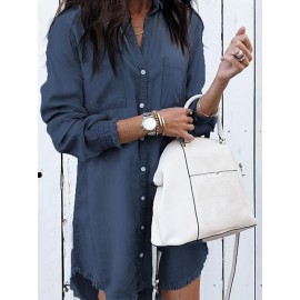Casual Solid Color Button Long Sleeve Denim Blouse