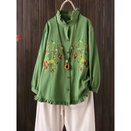 Casual Embroidery Ruffles Button Blouse