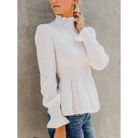 Chic Pleated Stand Collar Ruffled Poet Sleeve Blouse