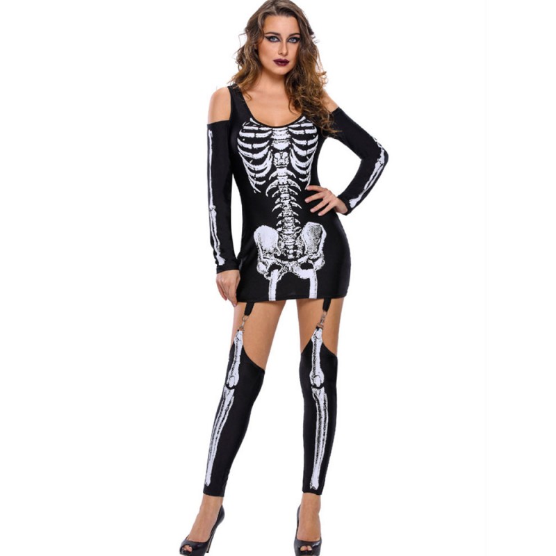 Halloween Skeleton Print Cold Shoulder Long Sleeve Women Jumpsuits
