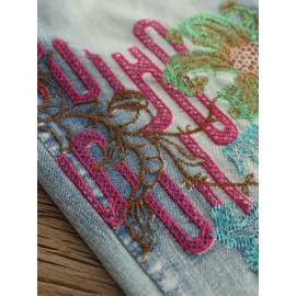 Harem Embroidery Elastic Waist Pockets Casual Jeans