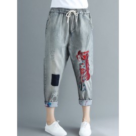 Embroidered Ripped Patchwork Drawstring Denim