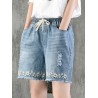 Embroidery Drawstring Ripped Short Jeans