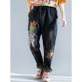 Cartoon Print Casual Ripped Harem Jeans For Women