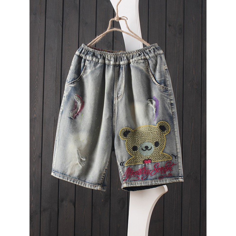 Cartoon Bear Embroidery Ripped Short Jeans For Women