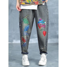 Vintage Embroidery Printed High Waist Loose Casual Jeans