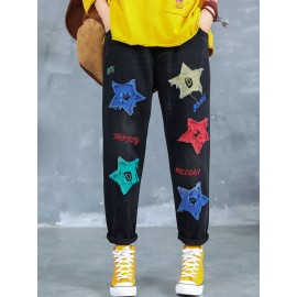 Letter Embroidered Stars Patch Jeans For Women