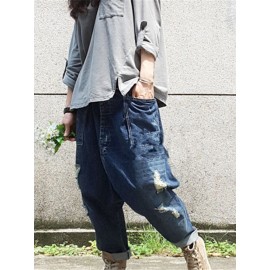 Solid Color Loose Ripped Casual Harem Denim
