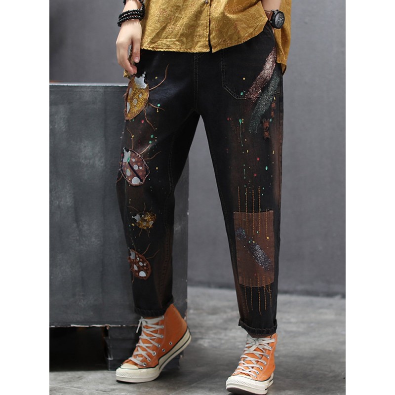 Patch Embroidered Drawstring Waist Ripped Jeans For Women