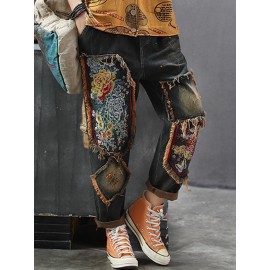 Patchwork Floral Embroidered Jeans For Women