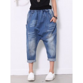 Elastic Waist Solid Color Casual Harem Jeans For Women