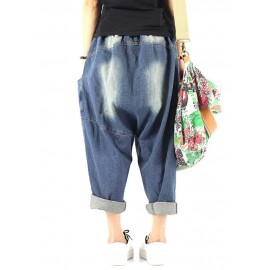 Women Patchwork Solid Color Loose Casual Harem Jeans