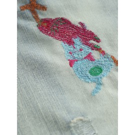 Vintage Embroidered Patch Elastic Waist Harem Denim