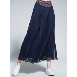 Ethnic Embroidery Patchwork Layered Wide Leg Women Pants