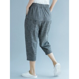 Elastic Waist Stripe Casual Harem Pants With Pockets