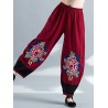 Vintage Embroidery Elastic Waist Women Wide Leg Pants