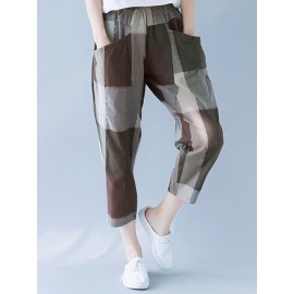 Patchwork Contrast Color Elastic Waist Casual Pants