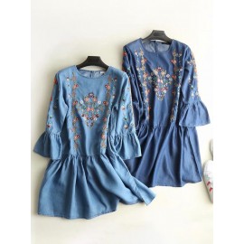 Denim Embroidery Long Pagoda Sleeve Casual Dresses