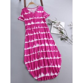Striped Short Sleeve Sundress Pocket Maxi Casual Dresses