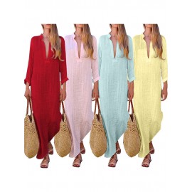 Deep V-neck Solid Color Cotton Maxi Casual Dresses