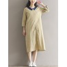 Casual Loose Patchwork 3/4 Sleeve O-neck Women Mid-long Dress