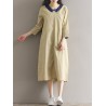 Casual Loose Patchwork 3/4 Sleeve O-neck Women Mid-long Dress