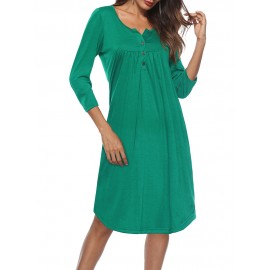 Button Fly O-neck Pleated Casual Dresses