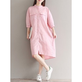 Casual Solid Color Loose Stand Collar 3/4 Sleeve Shirt Dress For Women