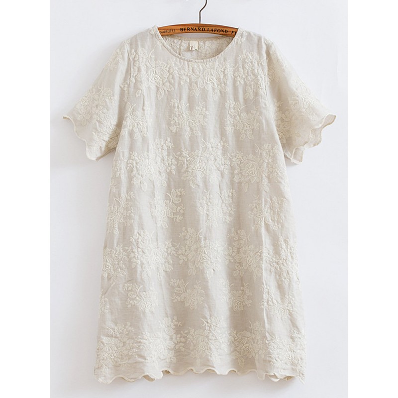 Short Sleeve O-Neck Embroidery Wave Edge Casual Dresses