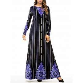 Muslim Velvet Striped Print Long Sleeve Long Dress