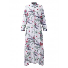 Bohemian Floral Print Splited Long Sleeve Lapel Women Maxi Dresses