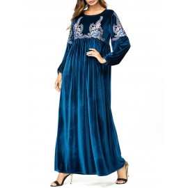 Islam Muslim Winter Velvet Print Long Sleeve Long Dress