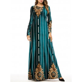 Velvet Printed Striped Long Sleeve Islam Muslim Long Dress