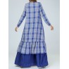 Loose Plaid Ruffle Blue Long Sleeve Dress