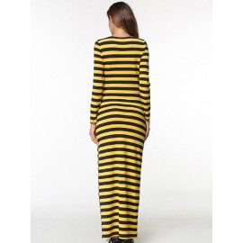 Women Casual Long Sleeve Stripe O-Neck Long Maxi Dresses