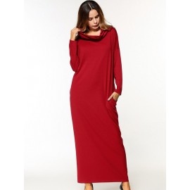 Casual Pure Color Turtleneck Long Sleeve Pockets Women Dresses