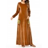 Islam Muslim Velvet Embroidery Pocket Brown Long Sleeve Dress