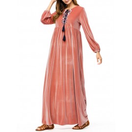 Islam Muslim Velvet Embroidery Pink Long Sleeve Dress
