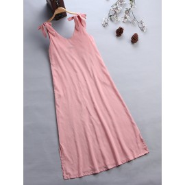 Bowknots V Neck Solid Color Straps Maxi Dress